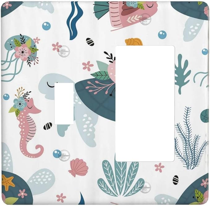 Underwater Floral Turtle Animal 2 Gang Light Switch Covers Single Toggle Rocker Combo Wall Plate Electrical Faceplate Decorative Switchplate for Nursery Kidsroom Bedroom Decor
