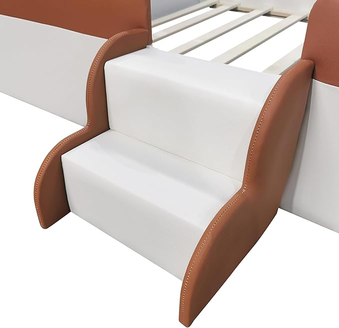 Full Size Upholstered Daybed Frame with Fence and Stairs, Montessori Kids Floor Bed with Sturdy Slat Support for Kids Boys Girls (Brown+Full)