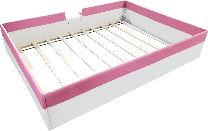 Queen Size Upholstered Daybed Frame with Fence and Stairs, Montessori Kids Floor Bed with Sturdy Slat Support for Kids Boys Girls