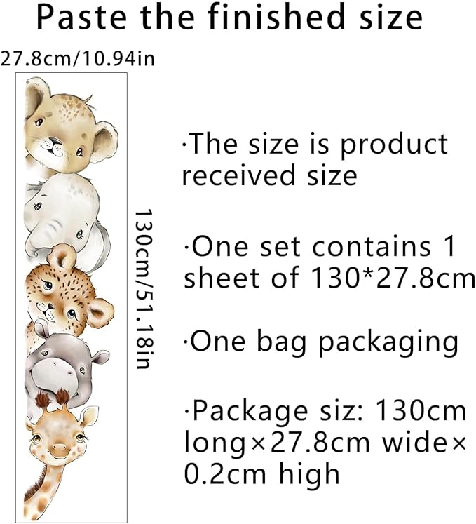 51.18 x 10.94 Inch Watercolor Animal Wall Decals Tiger Elephant Zebra Giraffe Wall Stickers Removable Peel and Stick Stickers Decor for Baby Nursery Playroom Bedroom Classroom Kindergarten Wall Decor