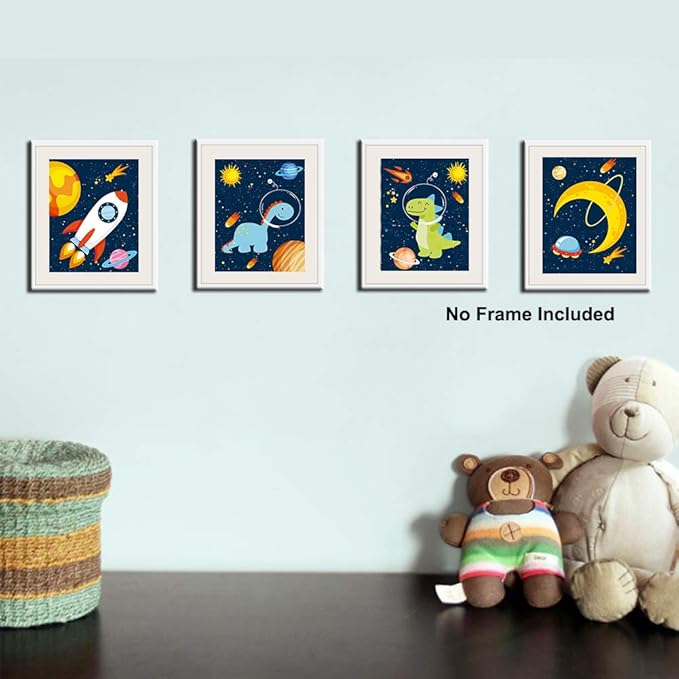 KAIRNE Dinosaur Outer Space Art Print, Solar System Planet Canvas Poster,Set of 4 (8X10inch,Unframed) Animal Astronaut Wall Art for Kid Room Decor
