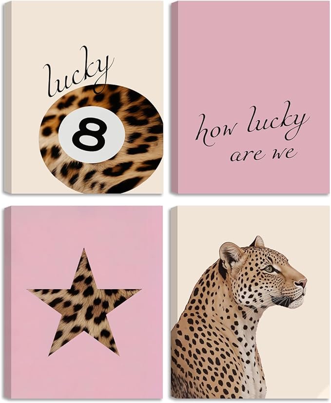 Lucky Leopard Pink Wall Art Set of 4, Retro Y2K Preppy Aesthetic Framed Canvas Prints, Lucky 8 Ball Star and Quote Trendy Fashion Wall Decor for Bedroom Dorm Bathroom Home Decor 8x10in