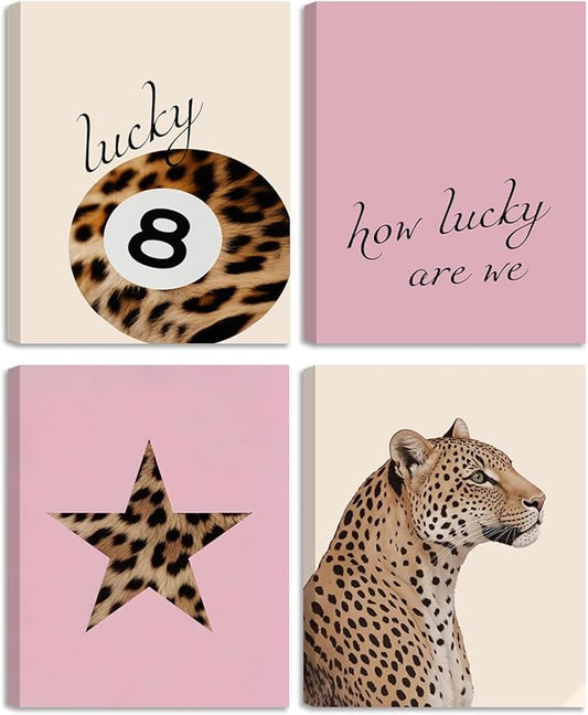 Lucky Leopard Pink Wall Art Set of 4, Retro Y2K Preppy Aesthetic Framed Canvas Prints, Lucky 8 Ball Star and Quote Trendy Fashion Wall Decor for Bedroom Dorm Bathroom Home Decor 8x10in