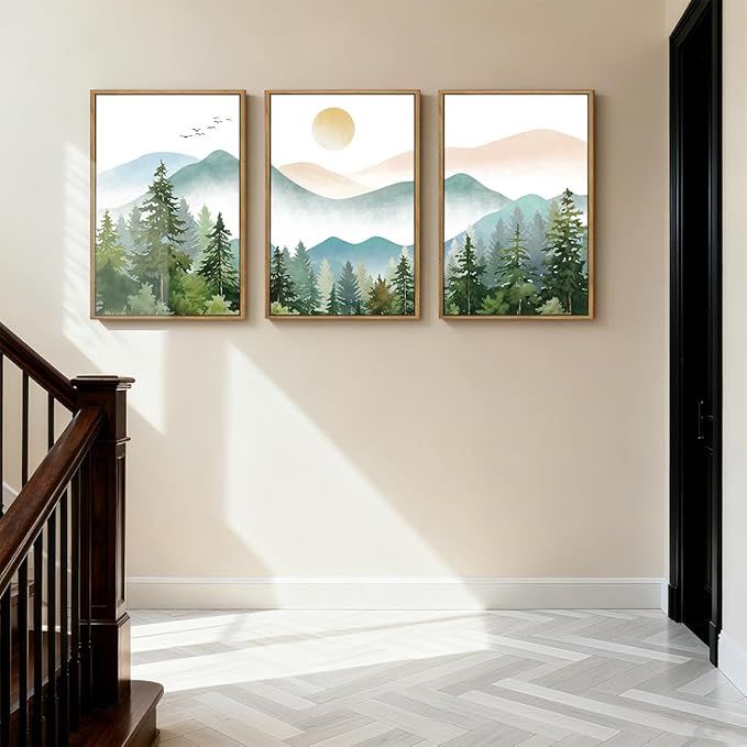 Anyzal Framed Green Mountain Wall Art Forest Painting Framed for Living Room Bedroom Bathroom 16x24 Inch Set of 3