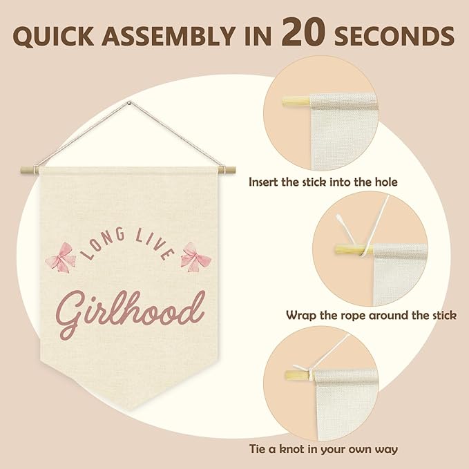 Girls Room Decor, Long Live Girlhood Girl Nursery Linen Canvas Banner, Coquette Pink Bow Wall Hanging Pennant Flag Banner for Girl Nursery Room Bedroom Dorm Decor, 15x11in
