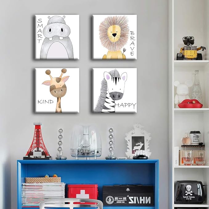 Oreichar Art Kids Wall Art Inspirational Quotes Canvas Print Safari Animals Painting Picture for Nursery Baby Children's Room Bedroom Decoration (12"x12"x4pcs)