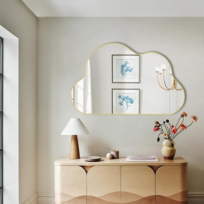 POZINO Gold Irregular Mirror, 33.5"x20.5" Cloud Shaped Mirrors, Asymmetrical Wall Mirror, Abstract Funky Frameless Mirrors for Living Room Bathroom Bedroom Entryway Fireplace