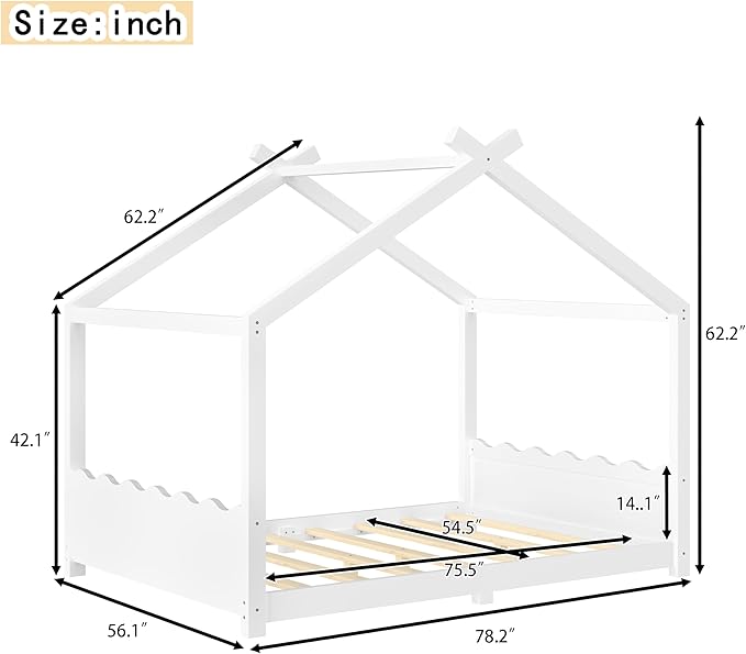 Full Size Wooden House Floor Bed - Kids Bed Frame with Roof & Support Slats for Bedroom, No Box Spring Needed, Easy Assembly (White)