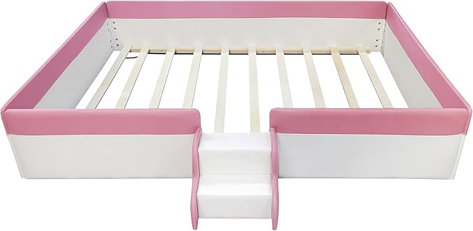 Full Size Upholstered Daybed Frame with Fence and Stairs, Montessori Kids Floor Bed with Sturdy Slat Support for Kids Boys Girls
