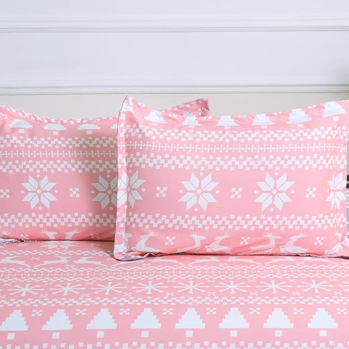Soft Brushed Microfiber Duvet Cover Set with Zipper Closure and Corner Ties, Reversible Design for Christmas Holiday, Pink and Grey Color-Queen Size