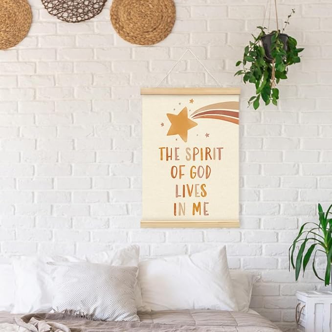 PLKMN Christian Nursery Wall Decor, the Spirit of God Lives in Me Wall Art with Wooden Poster Hanger, Boho Christian Wall Decor for Nursery Kids Room Sunday School Preschool Classroom, 12x16 Inch