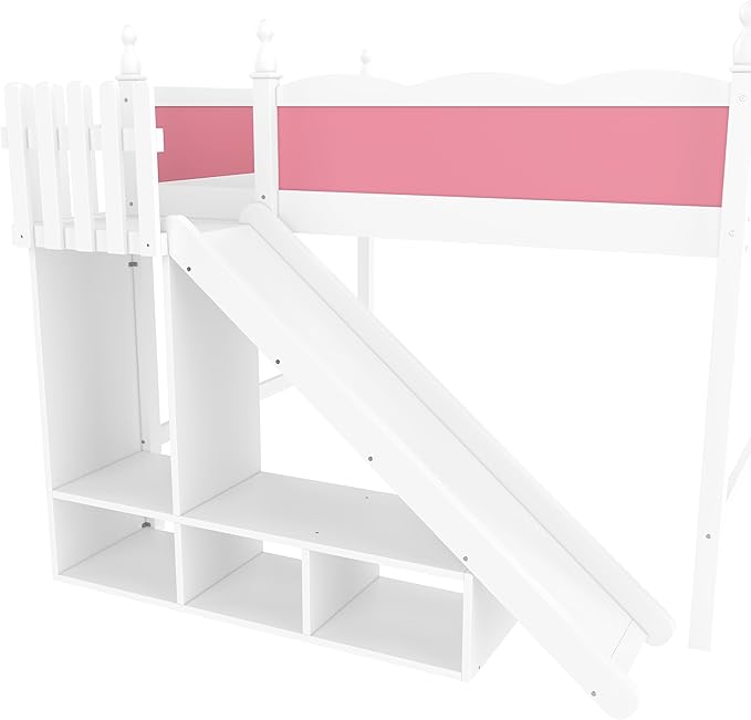 SOFTSEA Queen Size Loft Bed with Slide & Shelves, Kids Wood Loft Bed with Open Shelves and Cabinet, Playhouse Bed Frame with Detachable Slide and Ladder for Kids Girls, Pink + White