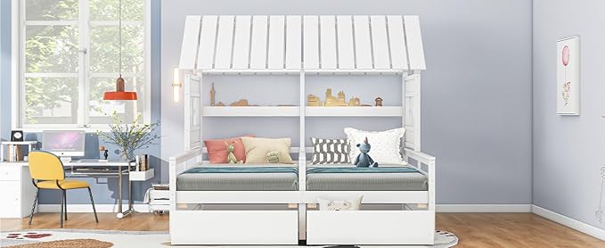 Harper & Bright Designs Twin Size House Platform Beds with Two Drawers for Boy and Girl Shared Beds, Combination of 2 Side by Side Twin Size Beds,White