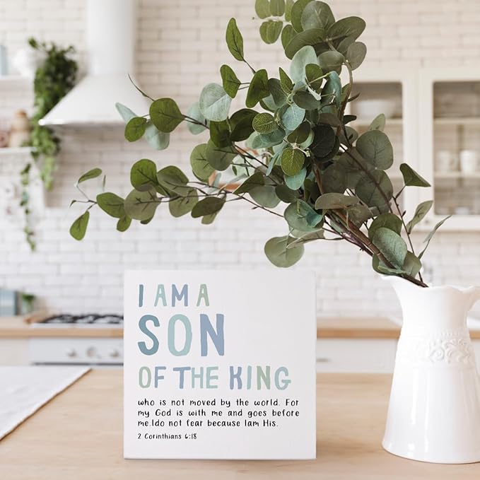 Boy Nursery Decor, I Am A Son of The King Wooden Box Block Sign, Bible Verse Sign, 2 Corinthians 6:18 Scripture Decor for Home Baby Boy Room Nursery, 5x5