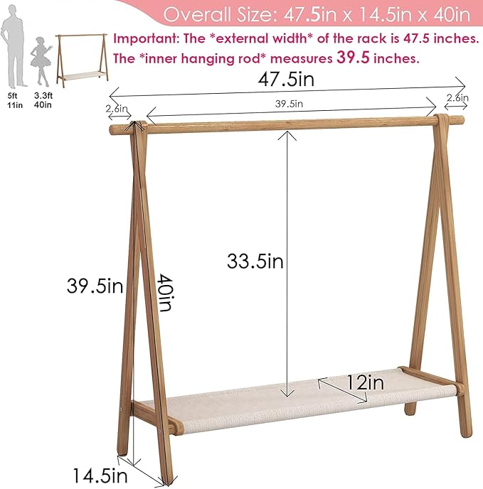 Dress up Rack, Child Garment Rack, Kids Clothing Rack with Storage Shelf (Natural Beech, 47.5" L x 14.5" W x 40" H)