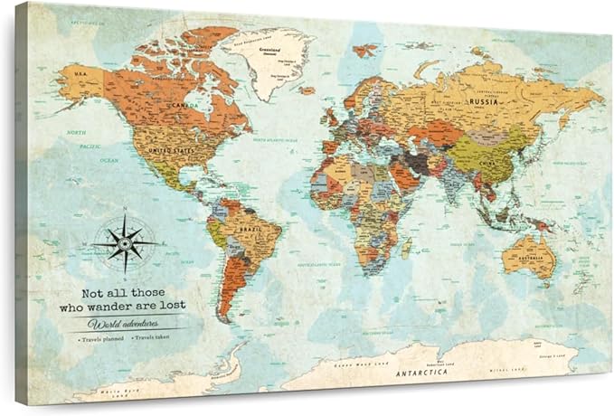 ElephantStock - Personalized Wanderer Push Pin World Map Wall Art - Horizontal Canvas Wall Art - Living Room Wall Decor - Digital Art Map Canvas Art - Orange And Blue Decor - 36" x 24"