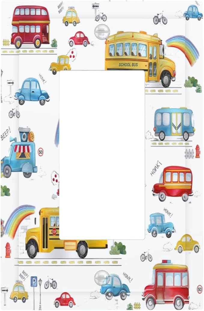 Kids Bus Taxi Truck Single Rocker Light Switch Covers 1 Gang Outlet Cover Wall Plate Decorative GFCI Switchplate Faceplate for Nursery Kidsroom Bedroom Decor