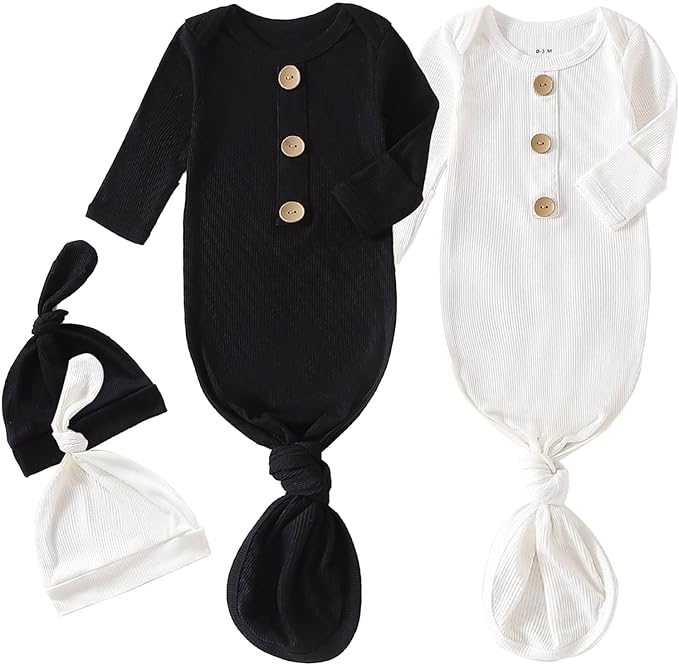 OPAWO Knotted Gown Baby Newborn Sleepers Baby Boy Coming Home Outfit, Bamboo Viscose Baby Gowns with Mitten Cuffs and Hat Set