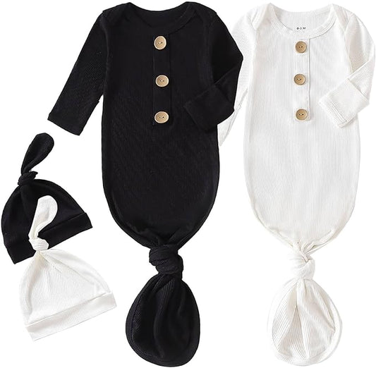 OPAWO Knotted Gown Baby Newborn Sleepers Baby Boy Coming Home Outfit, Bamboo Viscose Baby Gowns with Mitten Cuffs and Hat Set