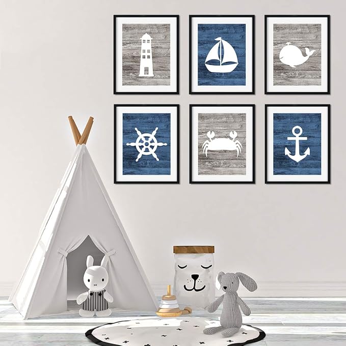 Andaz Press Ocean Nautical Sailor Theme Nursery Kids Bedroom Hanging Wall Art Decor, 8.5x11-inch, Rustic Distressed Blue Wood, Anchor, Lighthouse, Whale, 6-Pack, Unframed Room Poster