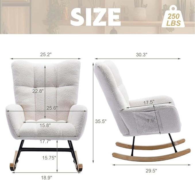 Nursery Rocking Chair Teddy Upholstered Glider Rocker Rocking Accent Chair with High Backrest Armchair Comfy Side Chair for Living Room, Bedroom, Offices (White)