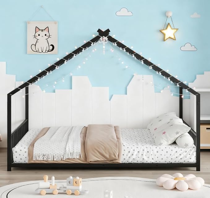 Bellemave Full Size Montessori Floor Beds with Slats for Kids, Metal Full House Bed for Kids, Black with Slats and Lights