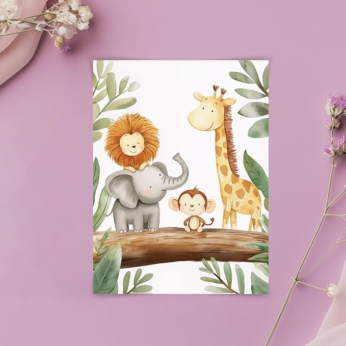 5x7 Safari Animal Friends Watercolor Print, Jungle Animals Kids Room Art, Neutral Safari Nursery Decor, UNFRAMED