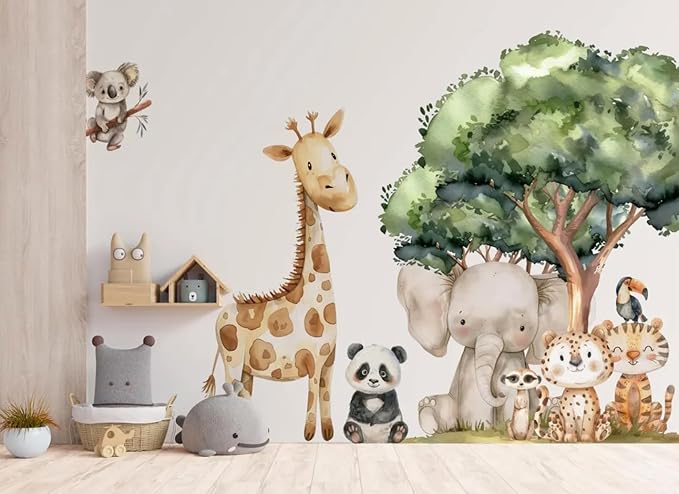 Safari Jungle Wall Stickers – Safari Animals Wall Decals for Nursery – Kids Room Wall Art – Removable Vinyl Stickers for Baby Room Decor – Giraffe Elephant Lion Wall Mural (Set1)
