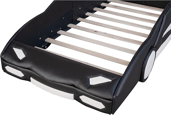 Ball & Cast Twin Size Race Car Shaped Platform Bed with Wheels,Wood Low Floor Bed Frame w/Rails & Headboard,Slat Support,No Box Spring Needed,for Apartment,Dorm,Black