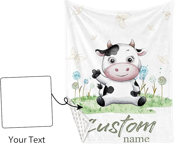 Custom Baby Crib Bedding Set - Cows Design Personalized Name Baby Nursery Bedding 3 Pcs Set - Chic Soft Blanket, Fitted Sheet, Room Rug for Newborns Boys Girls Gifts