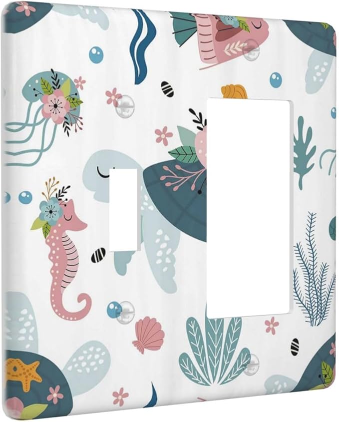 Underwater Floral Turtle Animal 2 Gang Light Switch Covers Single Toggle Rocker Combo Wall Plate Electrical Faceplate Decorative Switchplate for Nursery Kidsroom Bedroom Decor