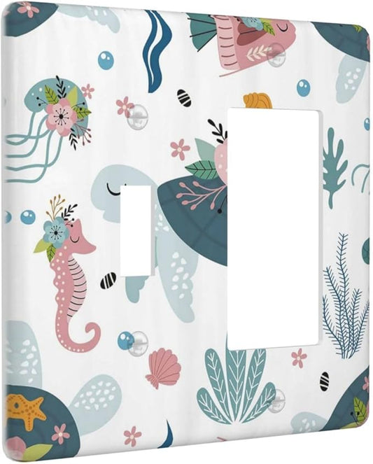 Underwater Floral Turtle Animal 2 Gang Light Switch Covers Single Toggle Rocker Combo Wall Plate Electrical Faceplate Decorative Switchplate for Nursery Kidsroom Bedroom Decor