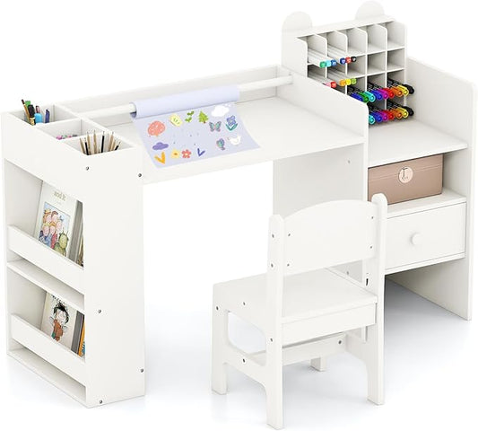 Costzon Kids Desk and Chair Set, Art Activity Desk Set with Detachable Paper Roll Holder, Cubby Cabinet, and Multiple Storage Space, 2-in-1 Toddler Table and Chair for Painting, Studying (White)