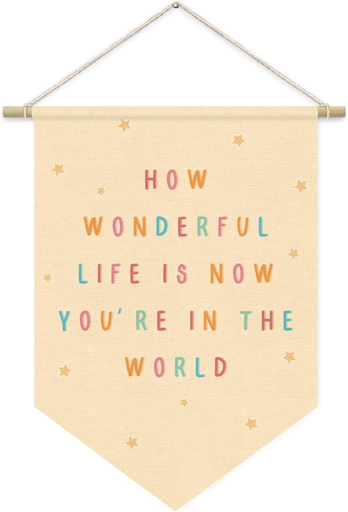 Nursery Decor, How Wonderful Life Is Now You're in the World Wall Hanging Sign Flag, Positive Affirmations, Kids Affirmations Nursery Wall Art Canvas Hanging Pennant Flag Banner 15x11in