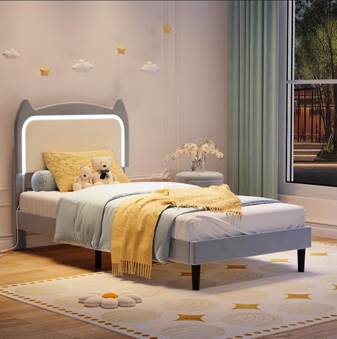 Garvee Twin Upholstered Bed Frame withCute Cat Headboard, Velvet Princess Platform Bed Frame with Sturdy Wood Slats Support for Girls/Kids, No Box Spring Needed, Blue