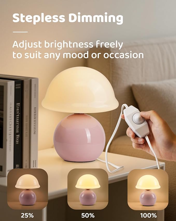 Mushroom Lamp for Bedroom, Cute Small Bedside Table Lamp with Glass Lampshade, Dimmable Nightstand Lamp Mid Century Modern Lamp for Home Living Room Decor (Pink)