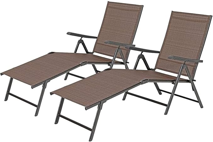 MFSTUDIO 2 Piece Outdoor Folding Patio Chaise Lounge Chairs, Set of 2 Outdoor Textiline Recliner Chairs Patio Lounge with 7 Position Adjustable for Beach, Backyard, Poolside, Lawn(Brown)