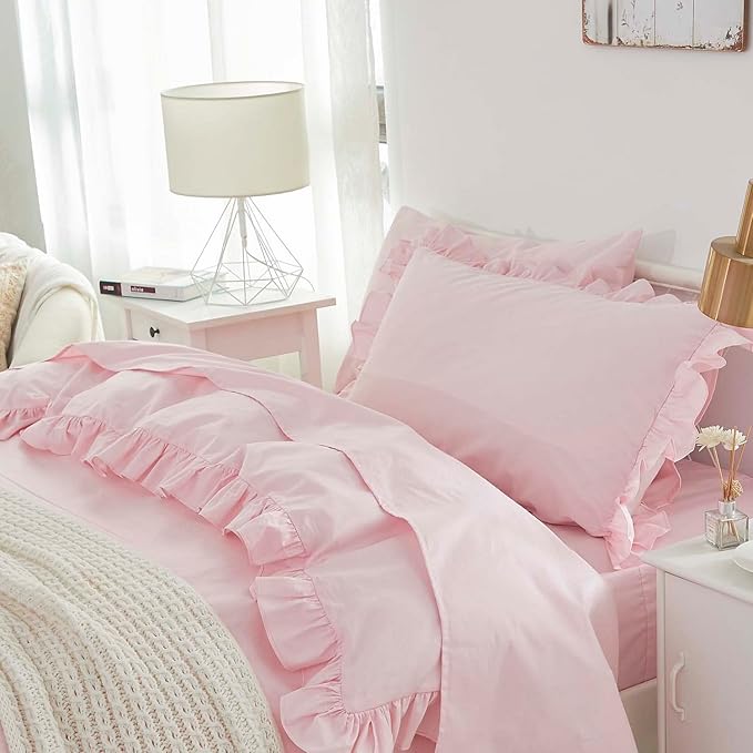 Brandream Kid's Duvet Cover Twin/Twin XL Size,100% Organic Cotton 2pcs Girl Bedding Duvet Cover Set, Ruffled Fringe Solid Color Breathable Soft with Zipper Closure & Corner Ties(Pink)