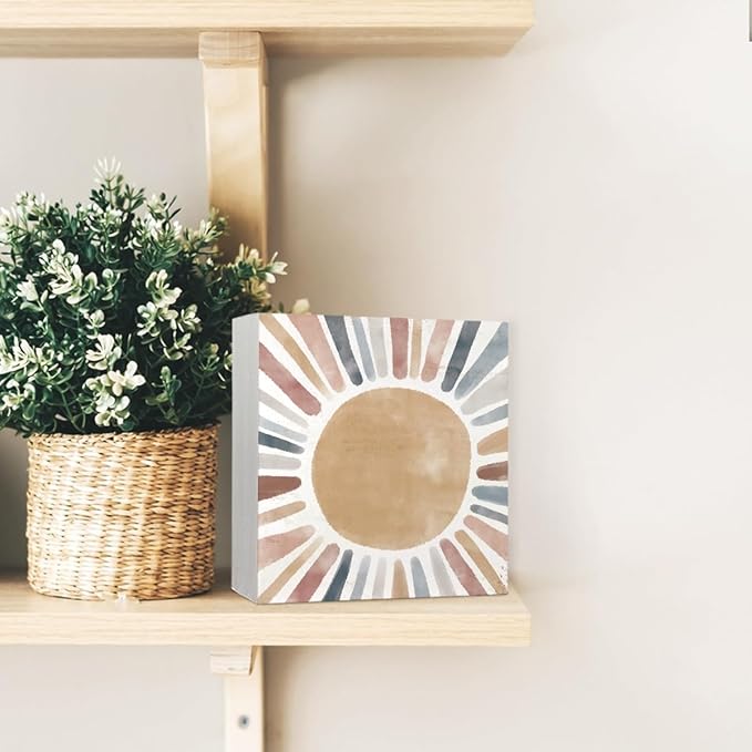 Boho Sunshine Nursery Wood Box Sign - Neutral Boho Nursery Decor for Girl & Boys, Desk & Playroom Decor, 5x5