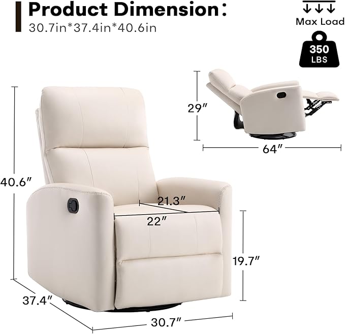 Swivel Rocker Recliner Chair, Manual Faux Leather Glider Rocking Recliners for Adults, 360° Swivel Nursery Reclining Sofa with Padded Backrest for Living Room, White