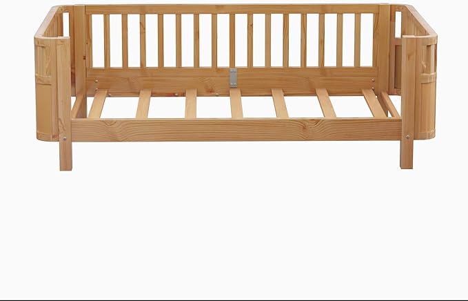 KEIKI Twin Size Wooden Floor Bed w/Removable Rails, Montessori Platform Bed Frame w/Safety Low Profile, Space Saving Corner Kids Beds for Boys Girls Bedroom, No Box Spring Needed, Easy Assembly, Brown
