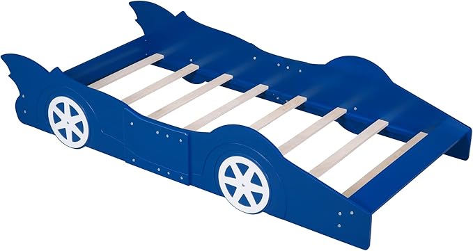 Twin Size Race Car-Shaped Platform Bed Bedframe with Wheels, 87.4" L x 40.3" W x 16.1" H Blue