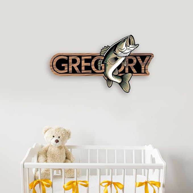Personalized Nursery Sign, Fishing Wooden Sign with Name, Hello World Newborn Sign, Fishing Sign for Kid Room Decor, Baby Gifts for Boy, Custom Baby Name Sign, Baby Boys Wall Art Bedroom