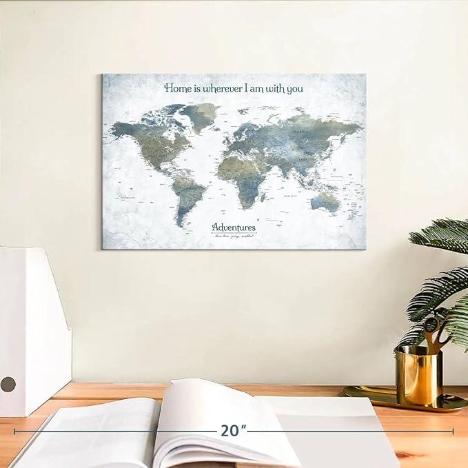 ElephantStock - Home With You II Push Pin World Map Wall Art - Horizontal Canvas Wall Art - Living Room Wall Decor - Digital Art Map Canvas Art - Blue And Gray Decor - 12" x 8"