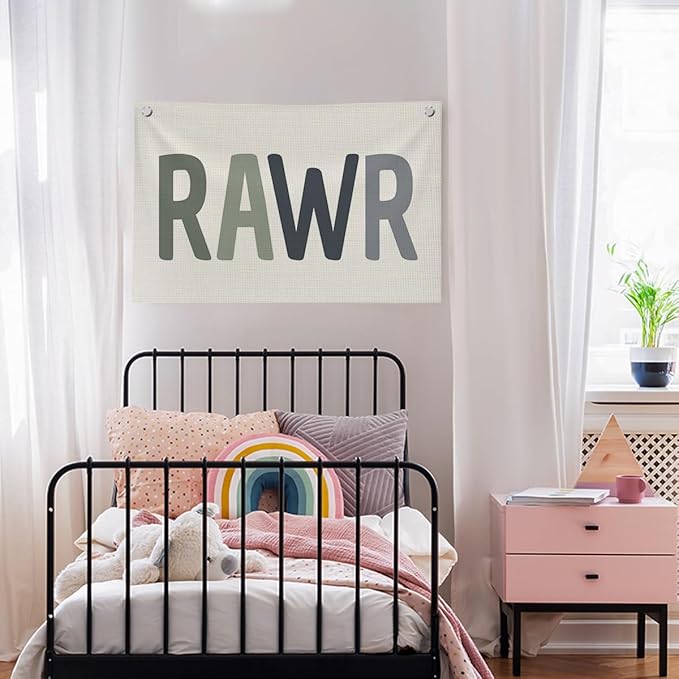 Funny Dinosaur Wall Decor for Boys Toddler, Green Dinosaur Banners Room Decor for Kids Bedroom Classroom Playroom, Rawr Canvas Banner Wall Hanging Banner Wall Flags Decor, 30x20 inchs