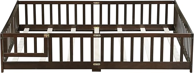Queen Size Floor Bed for Kids, Wood Montessori Floor Beds with Fence Railings, Door & Slats Support, Queen Playhouse Bed Frame for Boys Girls, No Box Spring Needed, Espresso