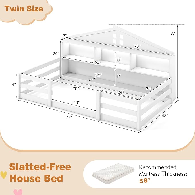 KOMFOTT Twin Floor Bed with Bookcase & LED Light, Wood Bed Frame with Bedside Bookshelves & Guardrails, Versatile 2-in-1 Montessori Floor Bed for Kids (Twin with Led Light,White)