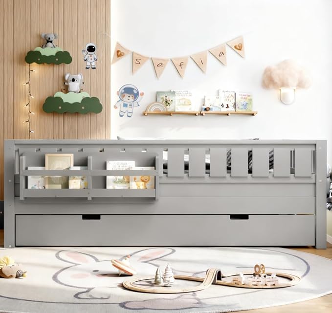 Bellemave Full Size Kids Bed with high Rails and with Built-in Bookshelf and Trundle for Kids, Girls, Boys, Wood Montessori Bed Without Door, Gray