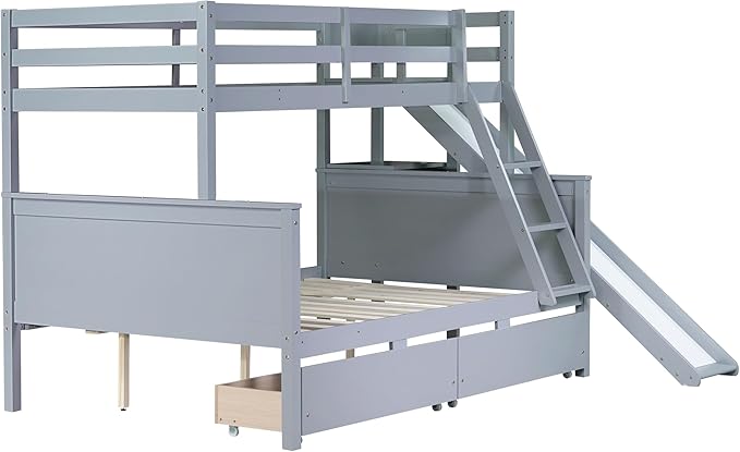 Twin Over Full Bunk Bed with 2 Drawers and Slide, Wood Bunk Bed Frame with Shelves and Ladder, Space Saving Design Bunk Bed for Kids Teens Boys Girls (Grey-x32c)