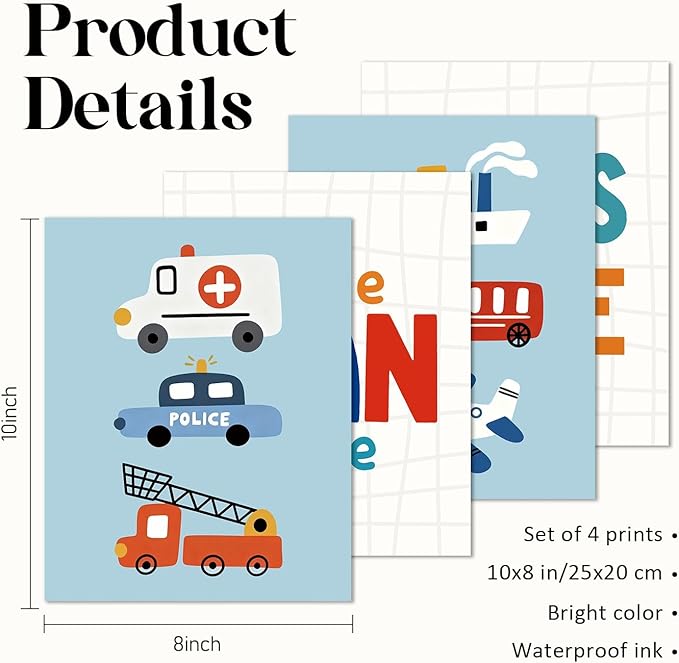 VONTP Boys Room Wall Art Decor, Little Man Cave Boys Rule Vehicle Transports Prints Poster Wall Decorations for Kids Boy Nursery Toddler Room Bedroom Playroom, 8x10 Inch Set of 4 (Unframed)